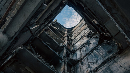 destroyed and burned houses in the city in Ukraine
