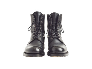 Pair of black leather boots standing upright on a clean white background, ideal for product display or catalog imagery.

