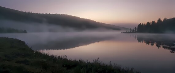 Fototapeta premium A mesmerizing view of a tranquil lake at dawn evoking calmness and peace