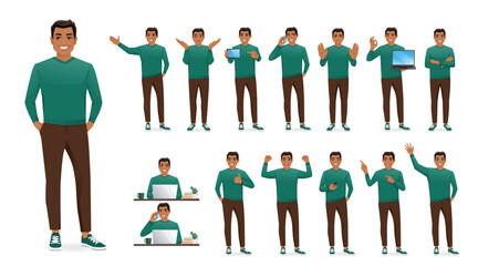Young business man wearing casual green sweater. Different poses set. Various gestures male character standing and sitting at the desk isolated vector illustration
