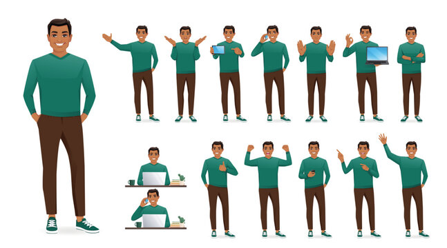 Young business man wearing casual green sweater. Different poses set. Various gestures male character standing and sitting at the desk isolated vector illustration