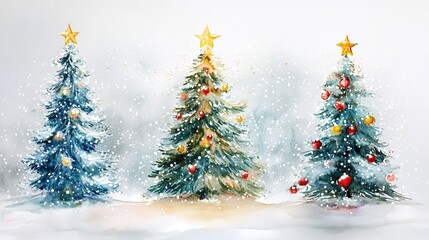 Fototapeta premium Watercolor Christmas trees in snowy Landscape falling