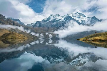 Mountain lake reflection, serene landscape.