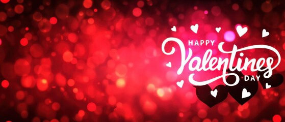 Happy Valentines Day Red Bokeh Background with Hearts and Typography