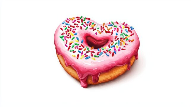 Delicious heart-shaped donut with colorful sprinkles.