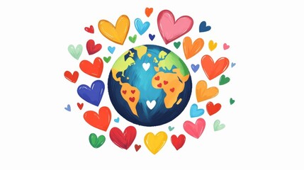 Colorful hearts surrounding a globe symbolizing global love.