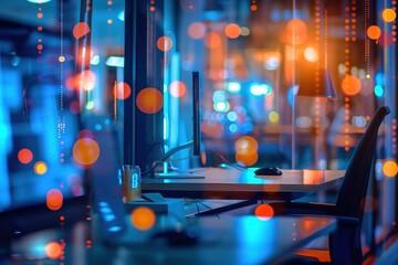 Night office scene with glowing screens and city lights.