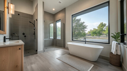 Helles Badezimmer mit gro&szlig;en Fenstern und Blick auf die Natur.

