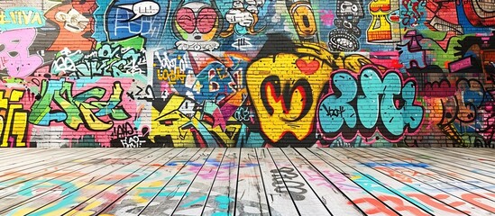 Vibrant graffiti art explodes across a brick wall, creating a dynamic urban backdrop.  The multicolored design and wooden floor offer a versatile setting.