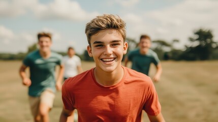 Naklejka premium A cheerful young boy runs joyfully in a field, surrounded by friends, enjoying a sunny day outdoors.