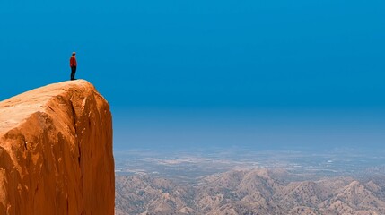 Lone hiker on a mountain cliff overlooking vast landscape.