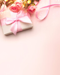 Valentines day greeting card template. Birthday gift box and rose flowers on table over bright background. Valentine's Day, wedding day, Holidays, postcard, banner.