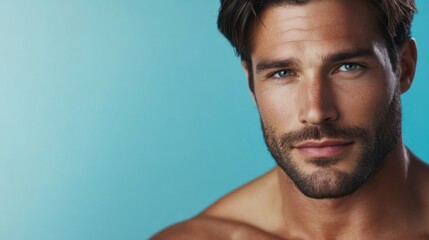 Naklejka premium Handsome man with striking blue eyes against a smooth blue background showcasing confidence and charm