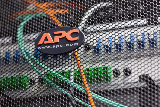 Moscow, Russia - February 19, 2021: APC Server rack cabinet in the datacenter