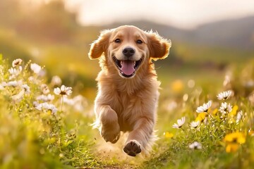 Gleeful Golden Retriever Sprinting Through Sunlit Flower Meadow