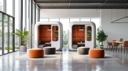 Modern office with private booths and comfortable seating.