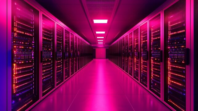 Illuminated Cloud Computing Symbols in Secure Server Corridor with Advanced Digital Infrastructure
