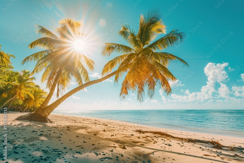 Wall mural Sunny tropical beach scene with palm trees and ocean.