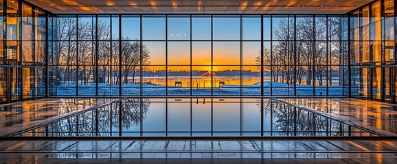 Stunning sunset view through large windows reflecting in indoor pool.