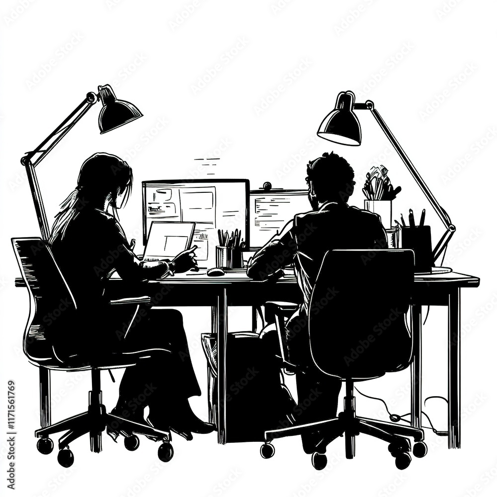 Poster two colleagues collaborate at a desk, working on computers and projects.