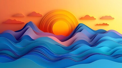 Warm Sunset Over Abstract Layered Paper Art Landscape with Mountains and Clouds