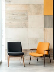 Stylish room with two chairs against a rustic wood wall  perfect for interior design inspiration