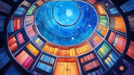 A vibrant ceiling of a library under a starry night sky.