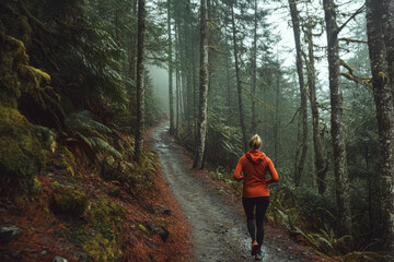 Fototapeta premium A person in a red jacket jogs along a misty forest path surrounded by tall trees. Concept of nature and fitness. For outdoor sports promotion.