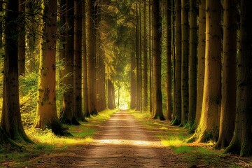 Obraz premium Sunlit path through a dense forest of tall trees.