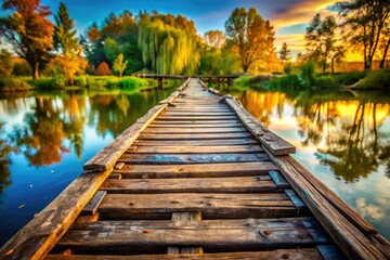 Fototapeta premium Timeless wooden bridge spans a tranquil river, a vintage scene captured in rustic documentary photography.
