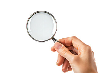 closeup hand holding magnifying glass isolated on transparent or white background, png cutout