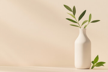 Minimalist Artistic Vase with Green Leaves in Bright Beige Interior Decor for Elegant Home Styling
