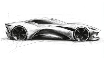 Black and white futuristic concept car sketch highlighting sleek curves, aerodynamic design, and modern automotive styling
