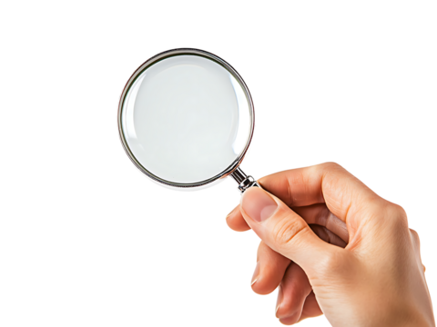 closeup hand holding magnifying glass isolated on transparent or white background, png cutout