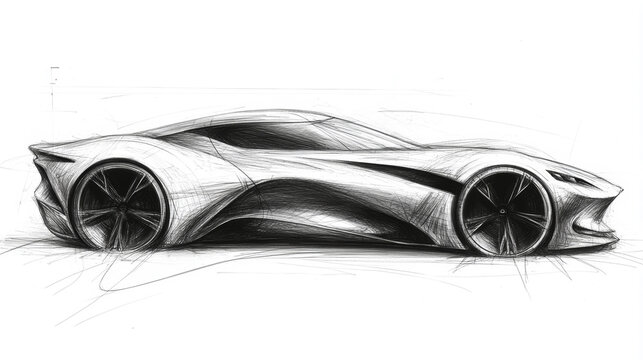 Black and white futuristic concept car sketch highlighting sleek curves, aerodynamic design, and modern automotive styling