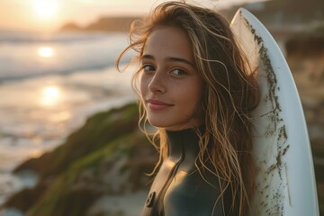 A woman with long hair is standing on a beach with a surfboard