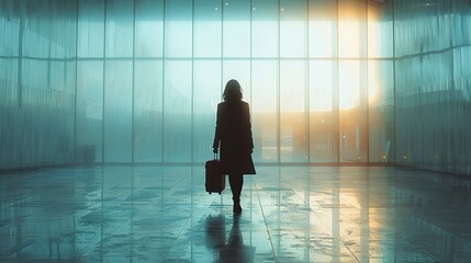 A woman is walking through a large, empty airport terminal with a red suitcase