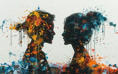 Two women are shown in a painting, one with a blue and orange background