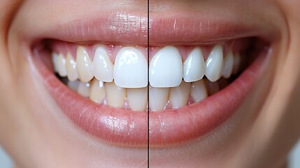 A woman's teeth with a white filling in the middle