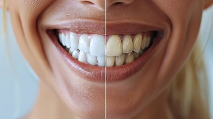 A woman's teeth, one of which is white and the other is yellowtooth,