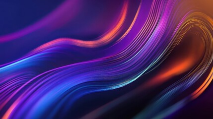 Obraz premium Vibrant flowing waves, neon colors, abstract digital art, electric blue, magenta, purple, yellow, dynamic curves, light trails, fluid motion, glossy texture, dark background, ethereal energy, futurist