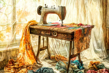
A charming postcard illustrating a sewing machine surrounded by fabrics, threads, and patterns, celebrating the craft of sewing