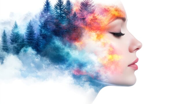 A dreamy profile image blends human features with colorful clouds and trees, symbolizing creativity and nature, Ideal for wellness, mindfulness, or artistic themes in marketing and design,