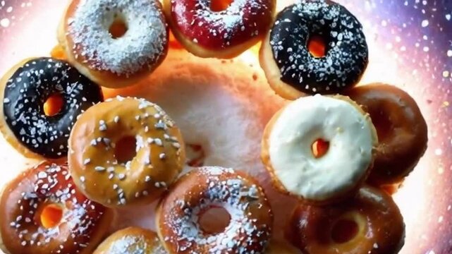 donuts forming a cosmic pattern with sprinkles or colorful donuts glowing with cosmic designs