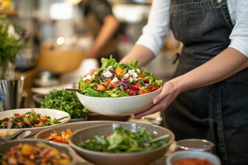 Obraz premium Fresh salad preparation in a modern kitchen