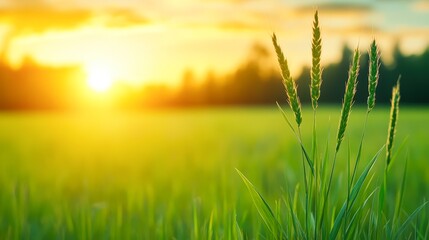 A serene landscape featuring green wheat stalks basking in the golden glow of sunset, ideal for agriculture, nature themes, or wellness projects, This image evokes tranquility and growth,
