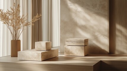 Packaging design concept featuring neutral tones and subtle textures in a modern minimalist setting. Modern packaging concept, using natural materials in earthy tones and clean lines, eco-friendly