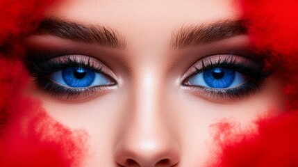 Naklejka premium Close-up of striking blue eyes framed by dramatic red smoke, creating a captivating portrait, Ideal for fashion, beauty, or artistic projects emphasizing color contrast and emotional expression,