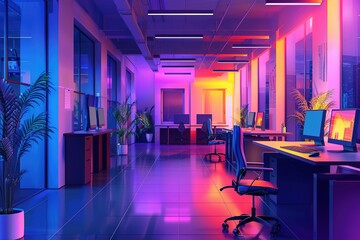 Neon-lit modern office space with vibrant colors and plants.
