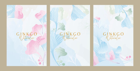 Watercolor vertical ginkgo background for feminine invitation or document
